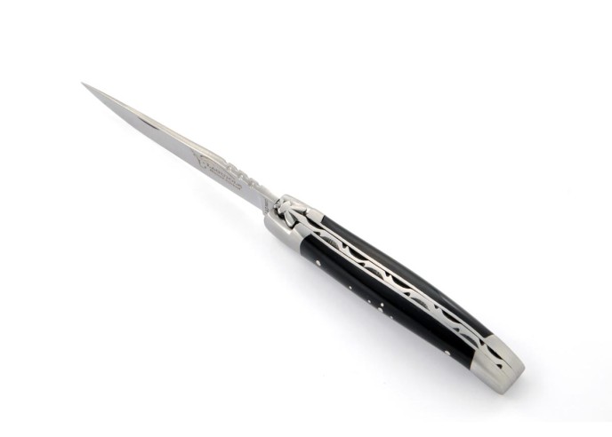 Laguiole pliant, 10 cm, abeille forgée, lame seule, mitres inox mat, manche en pointe de corne (foncée)