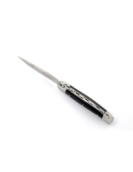 Laguiole pliant, 10 cm, abeille forgée, lame seule, mitres inox mat, manche en pointe de corne (foncée)