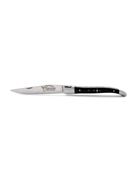 Laguiole pliant, 10 cm, abeille forgée, lame seule, mitres inox mat, manche en pointe de corne (foncée)