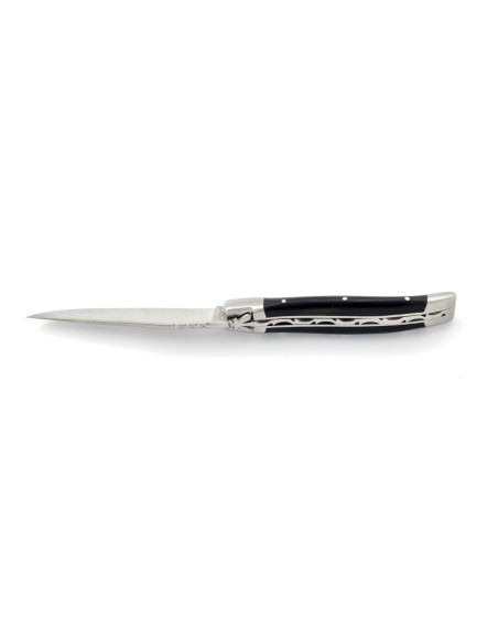 Laguiole pliant, 10 cm, abeille forgée, lame seule, mitres inox mat, manche en pointe de corne (foncée)