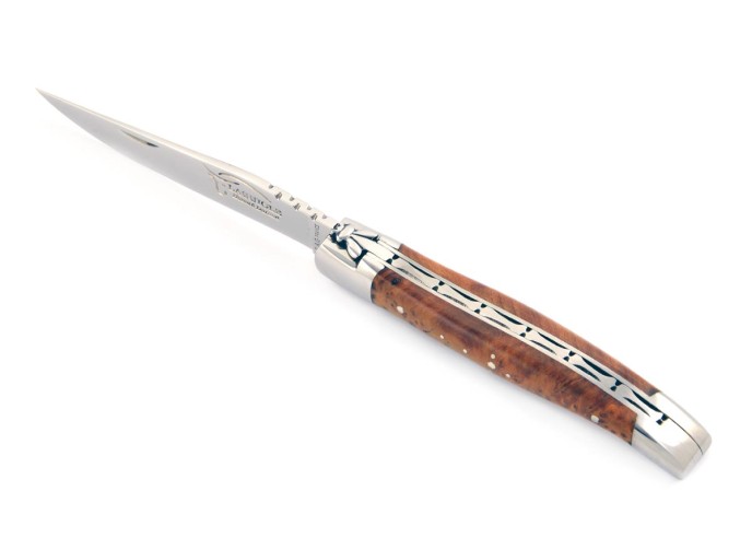 Laguiole pliant, 10 cm, abeille forgée, lame seule, mitres inox brillant, manche en bois de thuya