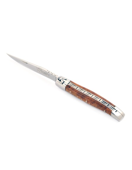 Laguiole pliant, 10 cm, abeille forgée, lame seule, mitres inox brillant, manche en bois de thuya