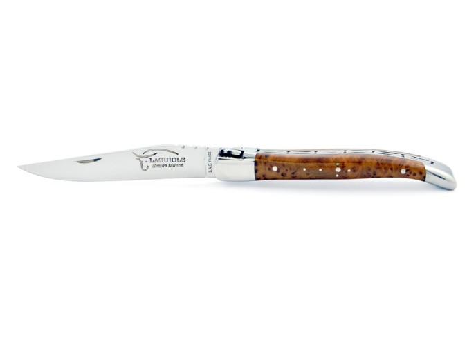 Laguiole pliant, 10 cm, abeille forgée, lame seule, mitres inox brillant, manche en bois de thuya