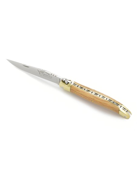 Laguiole pliant, 10 cm, abeille forgée, lame seule, mitres laiton, manche en chêne vert