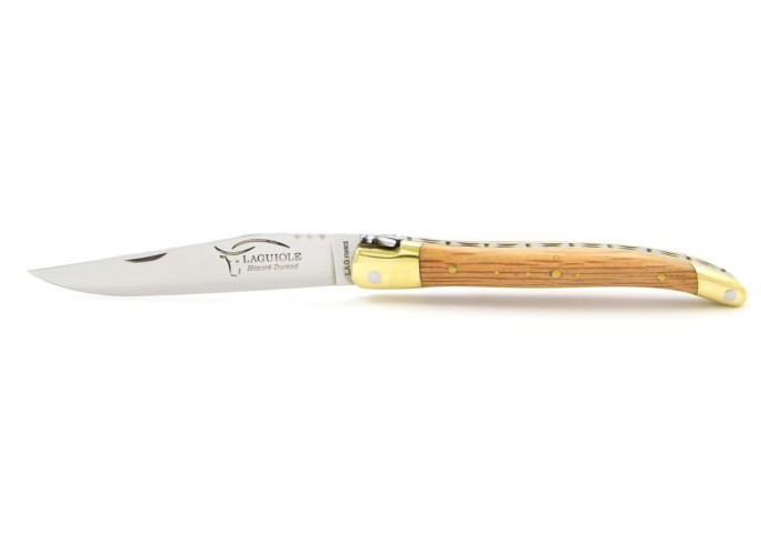 Laguiole pliant, 10 cm, abeille forgée, lame seule, mitres laiton, manche en chêne vert