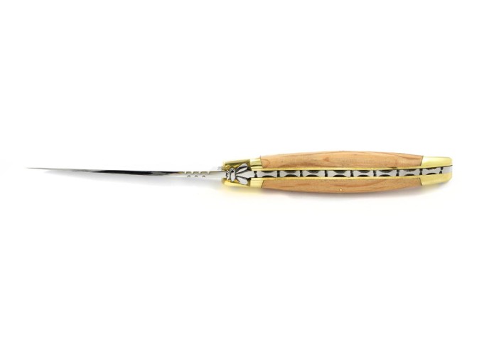 Laguiole pliant, 10 cm, abeille forgée, lame seule, mitres laiton, manche en chêne vert