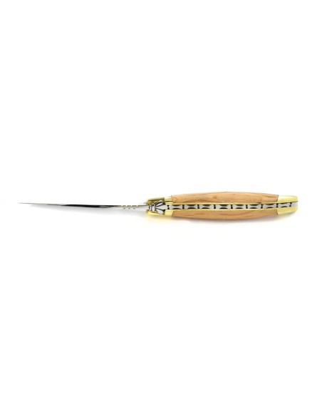Laguiole pliant, 10 cm, abeille forgée, lame seule, mitres laiton, manche en chêne vert
