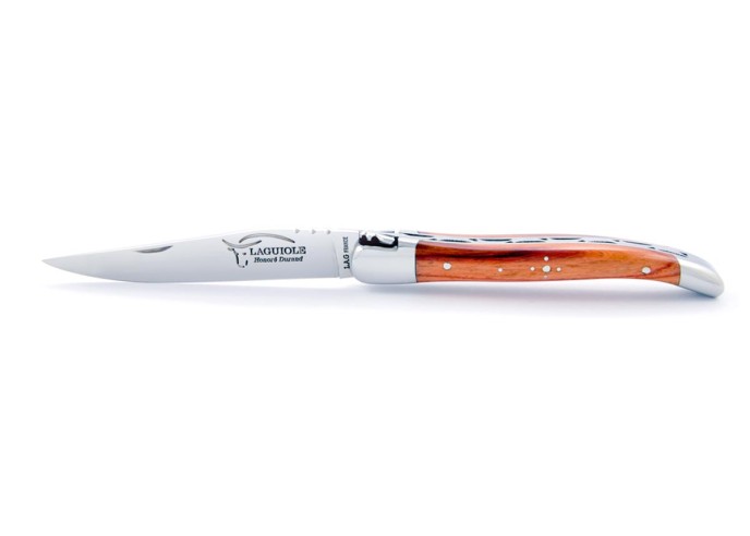 Laguiole pliant, 10 cm, abeille forgée, lame seule, mitres inox brillant, manche en bois de rose