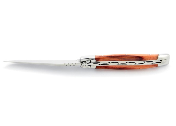 Laguiole pliant, 10 cm, abeille forgée, lame seule, mitres inox brillant, manche en bois de rose