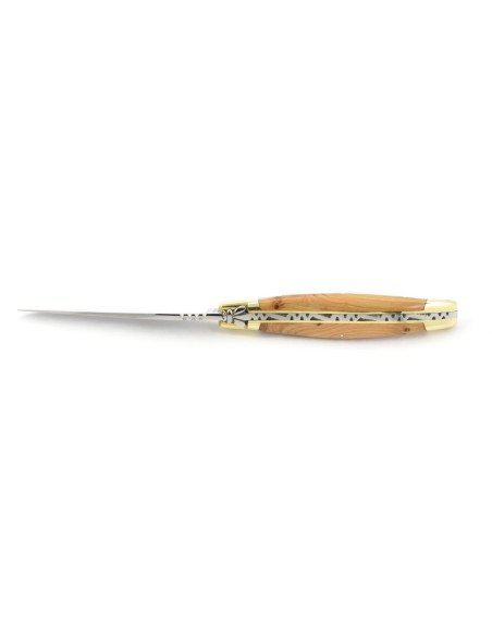 Laguiole pliant, 10 cm, abeille forgée, lame seule, mitres laiton, manche en genévrier cade