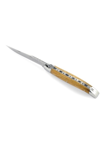 Laguiole pliant, 10 cm, abeille forgée, lame seule, mitres inox brillant, manche en chêne de barrique