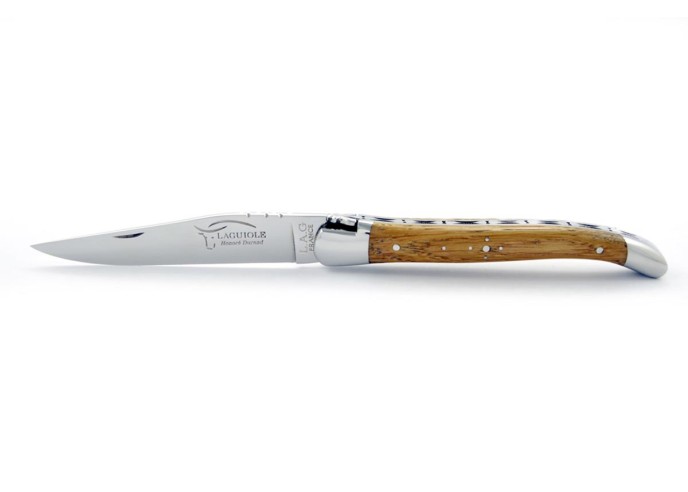 Laguiole pliant, 10 cm, abeille forgée, lame seule, mitres inox brillant, manche en chêne de barrique