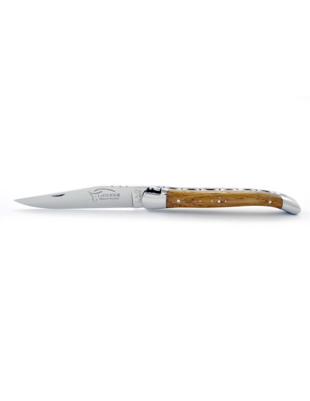 Laguiole pliant, 10 cm, abeille forgée, lame seule, mitres inox brillant, manche en chêne de barrique
