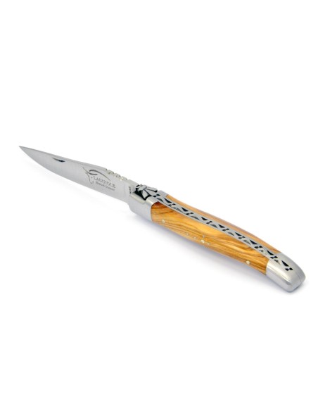 Laguiole pliant, 10 cm, abeille forgée, lame seule, mitres inox mat, manche en bois d'olivier