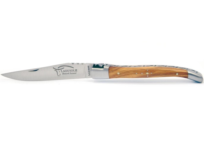 Laguiole pliant, 10 cm, abeille forgée, lame seule, mitres inox mat, manche en bois d'olivier