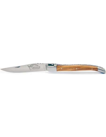 Laguiole pliant, 10 cm, abeille forgée, lame seule, mitres inox mat, manche en bois d'olivier