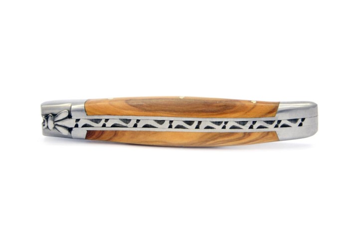 Laguiole pliant, 10 cm, abeille forgée, lame seule, mitres inox mat, manche en bois d'olivier