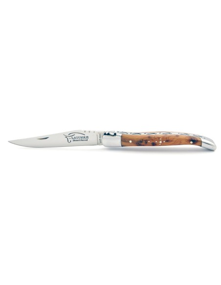 Laguiole pliant, 10 cm, abeille forgée, lame seule, mitres inox brillant, manche en genévrier cade