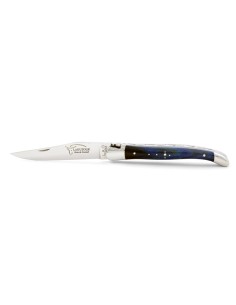 Laguiole pliant, 11 cm, abeille forgée, manche en hêtre teinté bleu avec mitres inox brillant 2