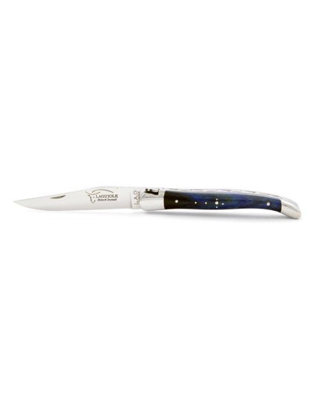 Laguiole pliant, 11 cm, abeille forgée, manche en hêtre teinté bleu avec mitres inox brillant