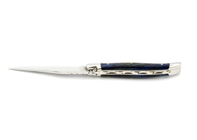 Laguiole pliant, 11 cm, abeille forgée, manche en hêtre teinté bleu avec mitres inox brillant