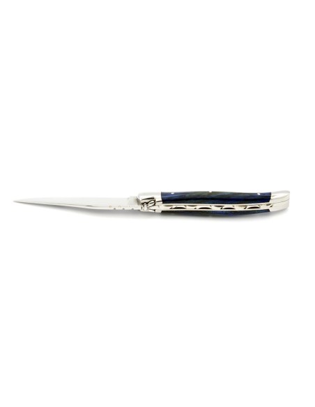 Laguiole pliant, 11 cm, abeille forgée, manche en hêtre teinté bleu avec mitres inox brillant