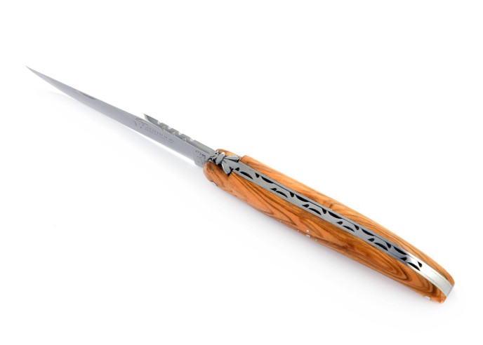 Laguiole pliant, 11 cm, abeille forgée, lame seule, plein manche, bois d'olivier