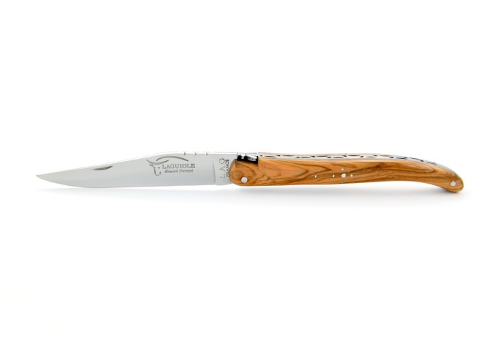 Laguiole pliant, 11 cm, abeille forgée, lame seule, plein manche, bois d'olivier