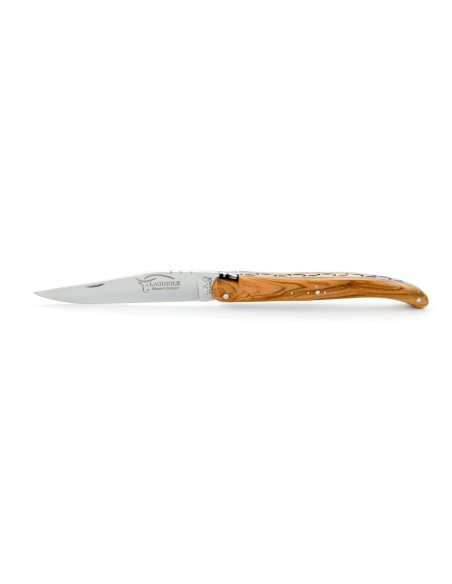 Laguiole pliant, 11 cm, abeille forgée, lame seule, plein manche, bois d'olivier