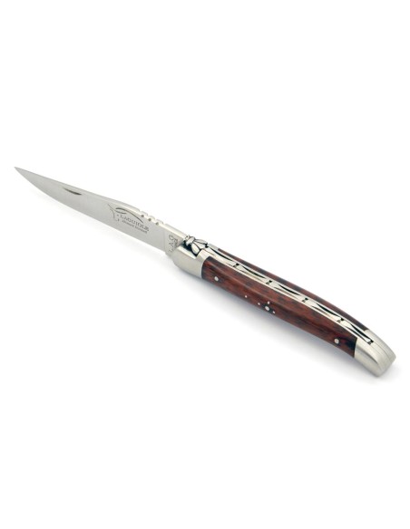 Laguiole pliant, 11 cm, abeille forgée, lame seule, mitres inox mat, manche bois d'amourette