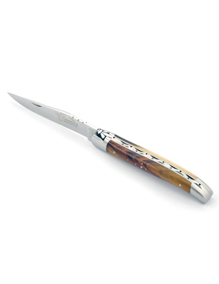 Laguiole pliant, 11 cm, abeille forgée, lame seule, mitres inox mat, manche en bois de pistachier