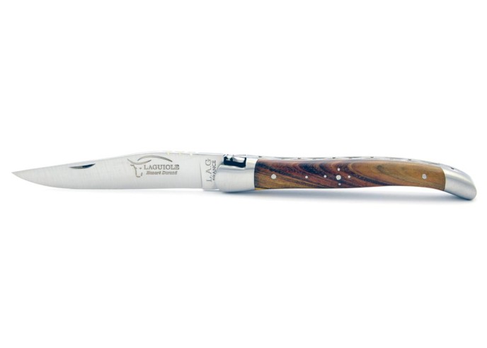 Laguiole pliant, 11 cm, abeille forgée, lame seule, mitres inox mat, manche en bois de pistachier