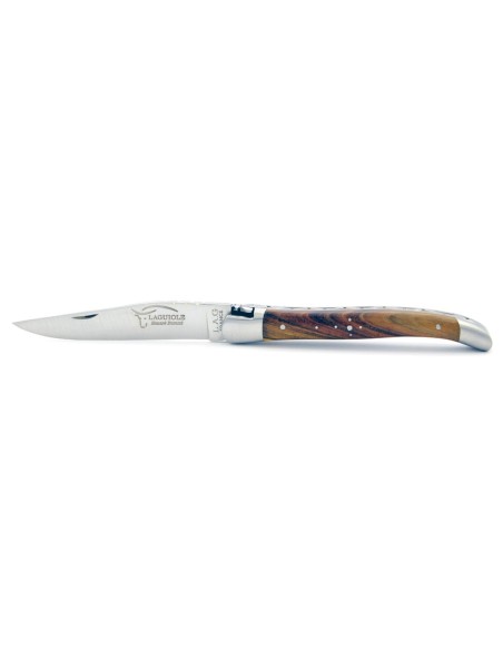 Laguiole pliant, 11 cm, abeille forgée, lame seule, mitres inox mat, manche en bois de pistachier