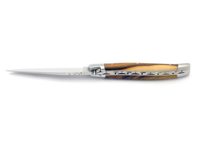 Laguiole pliant, 11 cm, abeille forgée, lame seule, mitres inox mat, manche en bois de pistachier