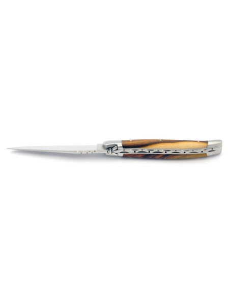 Laguiole pliant, 11 cm, abeille forgée, lame seule, mitres inox mat, manche en bois de pistachier
