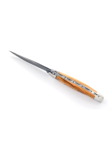 Laguiole pliant, 11 cm, abeille forgée, lame seule, acier Damas, mitres inox brillant, manche bois d'olivier