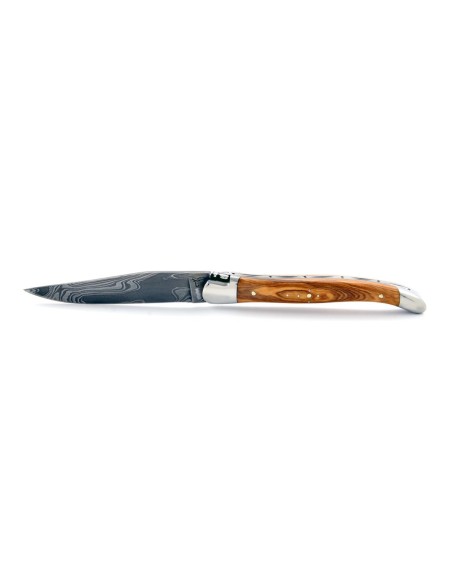 Laguiole pliant, 11 cm, abeille forgée, lame seule, acier Damas, mitres inox brillant, manche bois d'olivier
