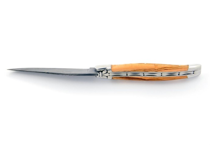 Laguiole pliant, 11 cm, abeille forgée, lame seule, acier Damas, mitres inox brillant, manche bois d'olivier