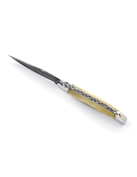 Laguiole pliant, 11 cm, abeille forgée, lame seule, acier Damas, mitres inox brillant, manche pointe de corne (claire)