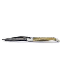 Laguiole pliant, 11 cm, abeille forgée, lame seule, acier Damas, mitres inox brillant, manche pointe de corne (claire) 2
