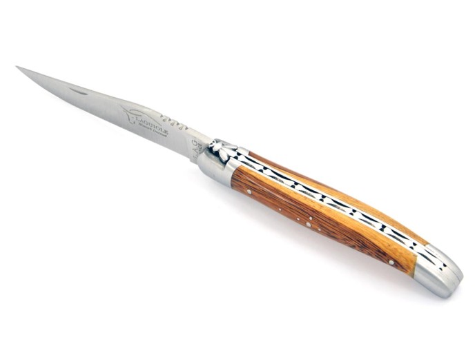 Laguiole pliant, 11 cm, abeille forgée, lame seule, mitres inox mat, manche bois serpent