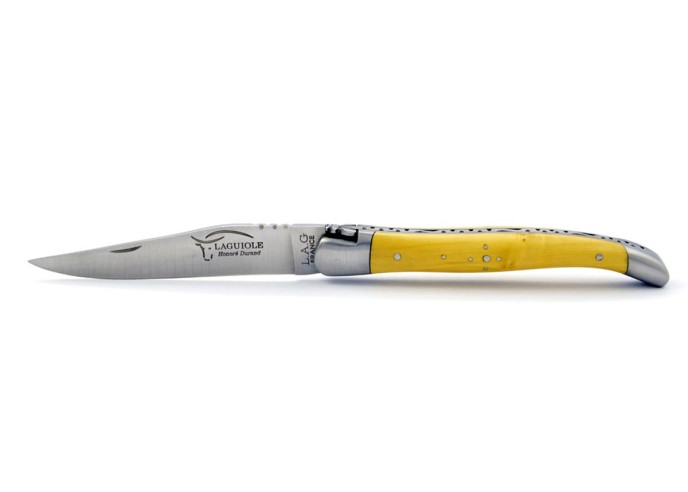 Laguiole pliant, 11 cm, abeille forgée, lame seule, mitres inox mat, manche en buis