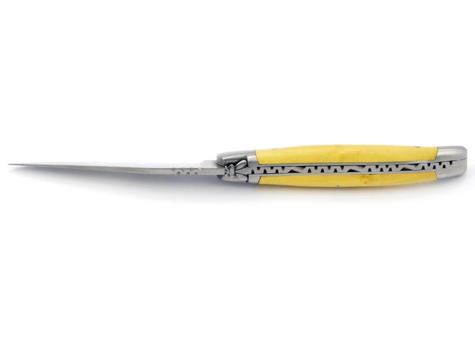 Laguiole pliant, 11 cm, abeille forgée, lame seule, mitres inox mat, manche en buis