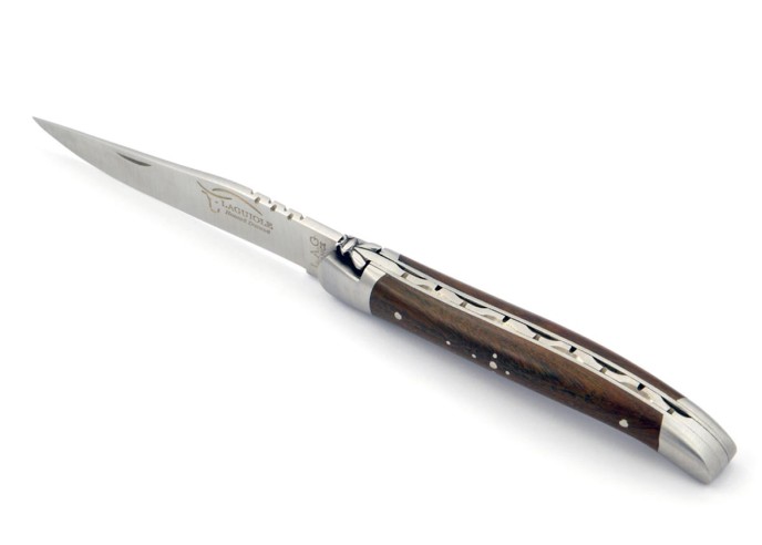 Laguiole pliant, 11 cm, abeille forgée, lame seule, mitres inox mat, manche en bulnésia