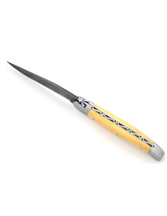 Laguiole pliant, 12 cm, abeille forgée, lame seule, acier Damas, mitres inox mat, manche en buis