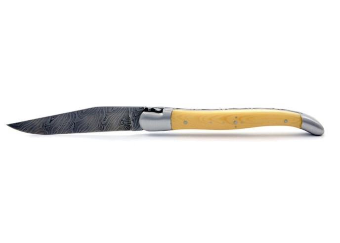 Laguiole pliant, 12 cm, abeille forgée, lame seule, acier Damas, mitres inox mat, manche en buis