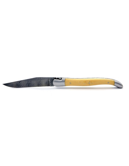 Laguiole pliant, 12 cm, abeille forgée, lame seule, acier Damas, mitres inox mat, manche en buis