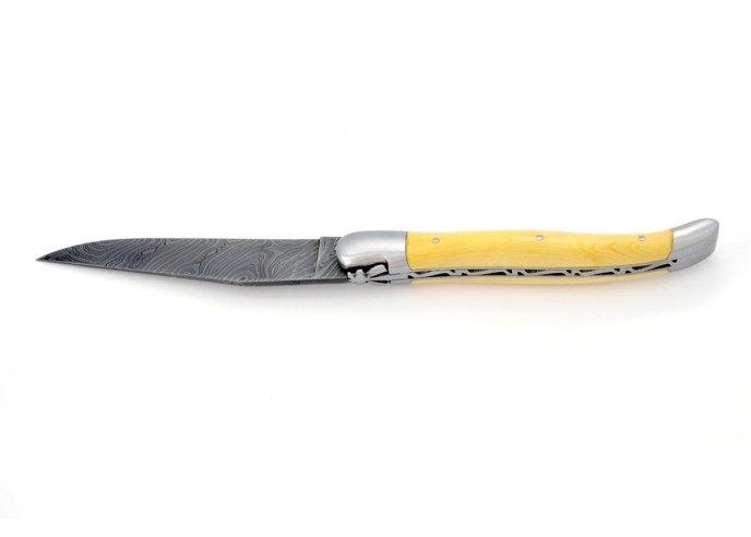 Laguiole pliant, 12 cm, abeille forgée, lame seule, acier Damas, mitres inox mat, manche en buis