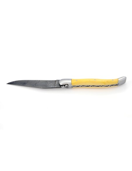 Laguiole pliant, 12 cm, abeille forgée, lame seule, acier Damas, mitres inox mat, manche en buis