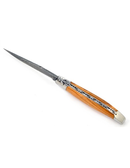 Laguiole pliant, 12 cm, acier Damas, abeille forgée, mitres inox brillant, manche bois d'olivier